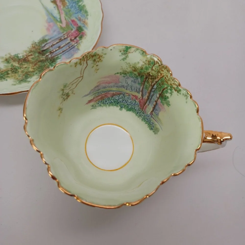 Aynsley Bone China Teacup and Saucer Set Woodland Landscape Green‎ Gold C493/2